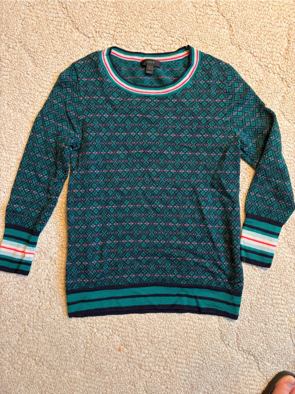 J. Crew Teal and Navy Patterned Crewneck Sweater with Stripe Accents